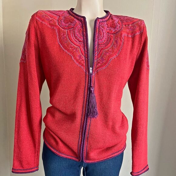 Vintage UMI Collections Anne Crimmins Embroidered Red Zip Cardigan M Boho Artsy - Picture 1 of 7